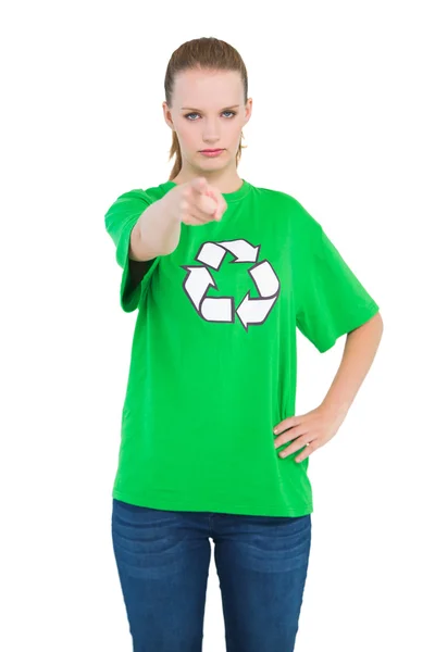 Stern pretty environmental activist pointing the camera with her finger — Stock Photo, Image