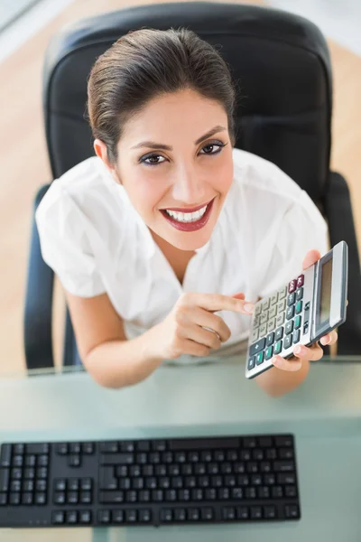 Glad revisor hålla en miniräknare tittar på kameran — Stockfoto