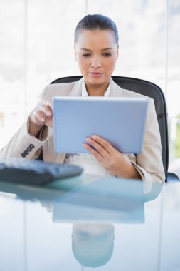 tablet bilgisayar holding sofistike iş kadını odaklı