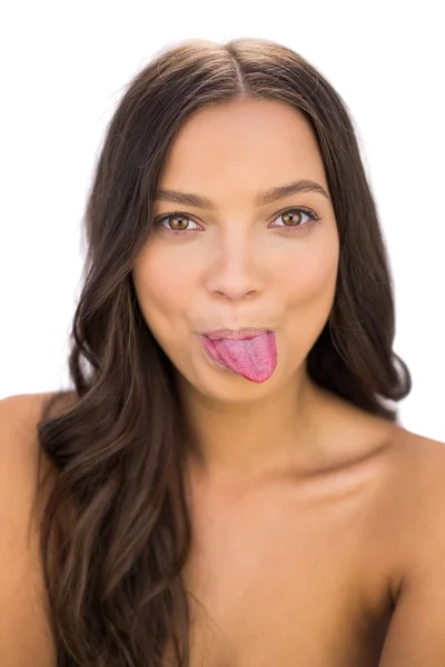Mujer feliz saca su lengua —  Fotos de Stock