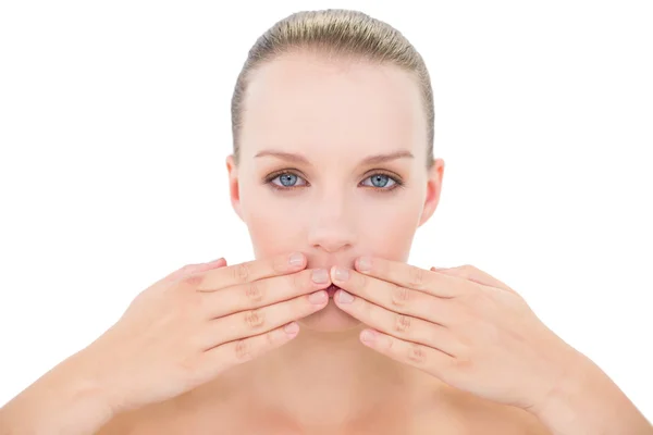 Natural pretty blonde model covering her mouth — Stock Photo, Image