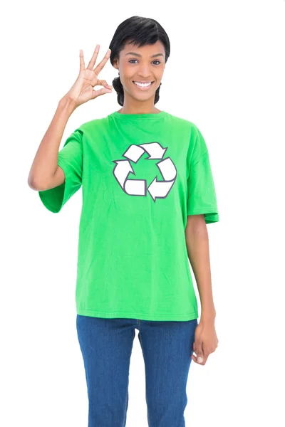 Pretty black haired ecologist making an okay gesture — Stock Photo, Image