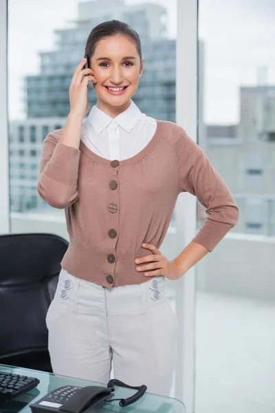 Sonriendo elegante mujer de negocios en el teléfono —  Fotos de Stock