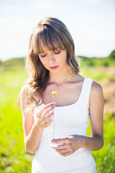 Zufrieden hübsche Blondine hält Löwenzahn — Stockfoto