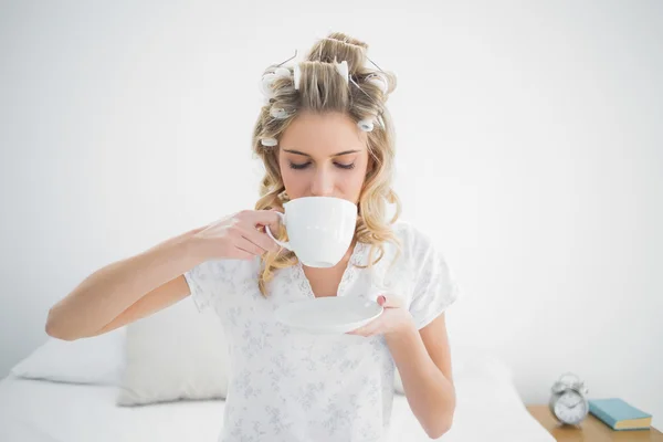 Friedliche Blondine trägt Lockenwickler trinkt Kaffee — Stockfoto