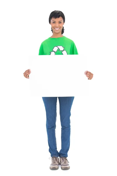 Pleased black haired ecologist holding a white panel in front of her — Stock Photo, Image