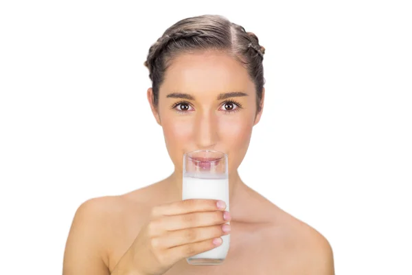 Pretty young model drinking milk — Stock Photo, Image