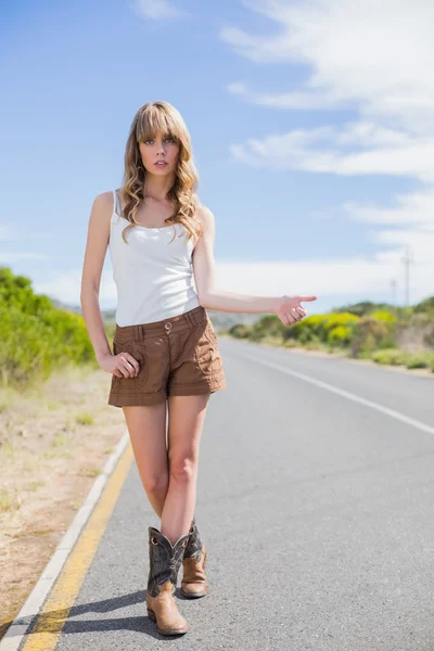 Gorgeous woman posing while hitchhiking — Stock Photo, Image