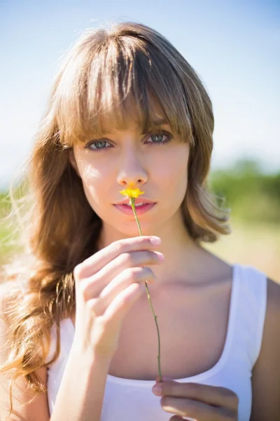 Pretty young woman smelling yellow flower — Stock Photo, Image