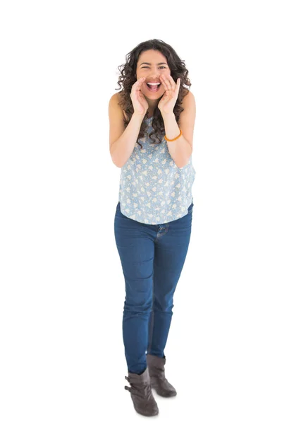 Cheerful attractive brunette shouting at camera — Stock Photo, Image