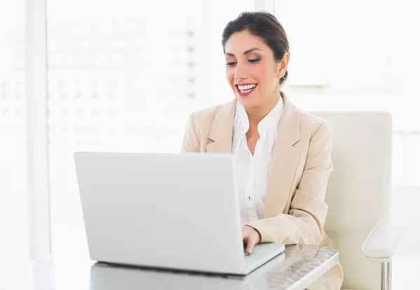 Smiling businesswoman working on a laptop Royalty Free Stock Photos