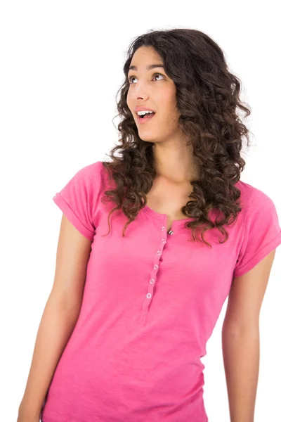 Surprised brown haired woman posing looking up — Stock Photo, Image