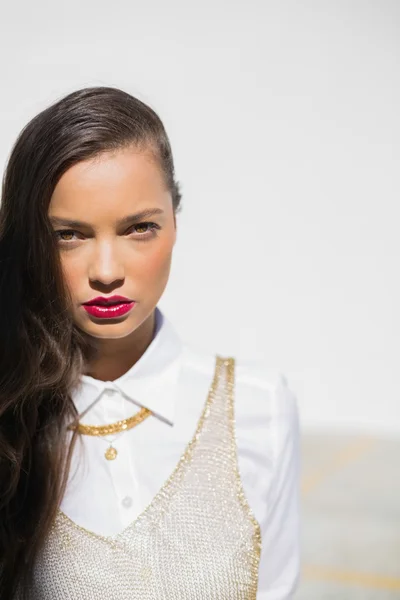 Pretty glamorous model with red lips — Stock Photo, Image
