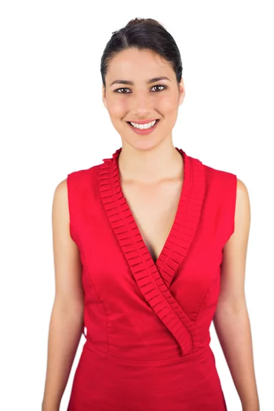 Smiling sexy tied haired brunette in red dress posing — Stock Photo, Image