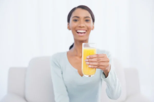 Mulher sorridente sentada no sofá acolhedor segurando vidro de suco de laranja — Fotografia de Stock
