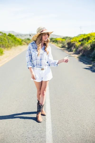 Gorgeous blonde hitchhiking on the road — Stock Photo, Image