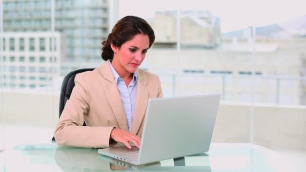 Concentré femme d'affaires attrayante en utilisant un ordinateur portable — Video