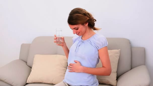 Mujer embarazada bebiendo vaso de agua en el sofá — Vídeos de Stock