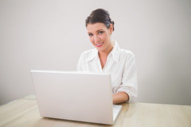 dizüstü bilgisayarda yazarak gülümseyen sevimli iş kadını
