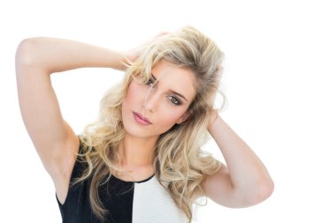 Gorgeous blonde model holding her head clipart
