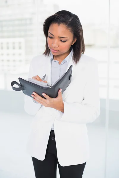 Joven empresaria reflexiva tomando notas en su horario — Foto de Stock