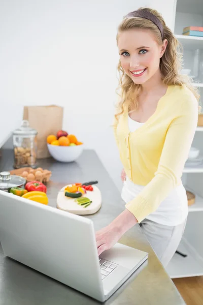 Smiling cute blonde using laptop — Stock Photo, Image