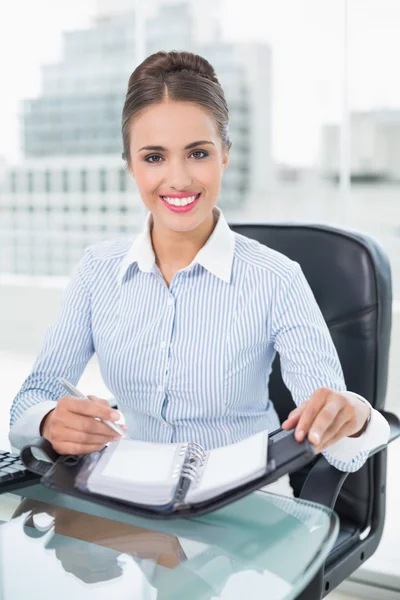 Smiling brunette businesswoman holding a diary — Stock Photo, Image