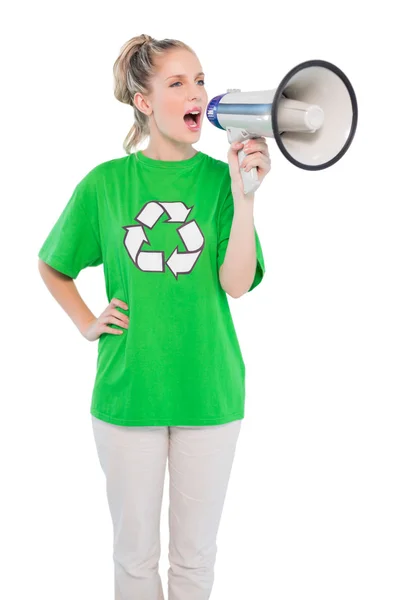 Energetic environmental activist shouting in megaphone — Stock Photo, Image