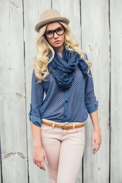 Serious fashionable blonde posing outdoors — Stock Photo, Image