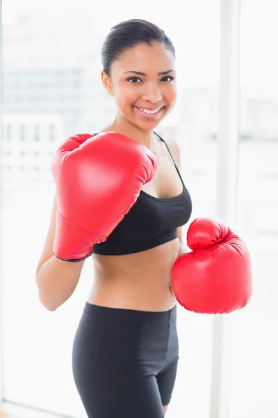 Amused model in sportswear wearing red boxing gloves — Stock Photo, Image