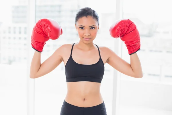 Motivated model in sportswear wearing red boxing gloves — Stock Photo, Image