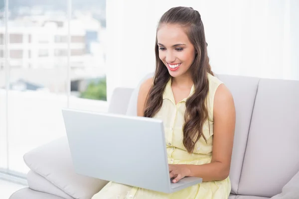 Glücklich hübsch brünette mit laptop — Stockfoto