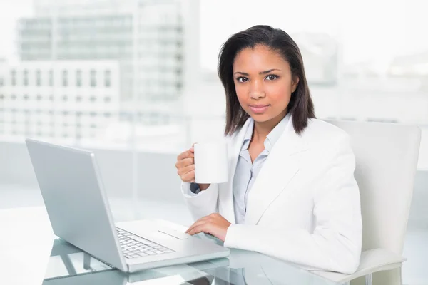 Calma jovem empresária usando um laptop — Fotografia de Stock