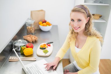 dizüstü bilgisayar kullanan tatlı bir sarışın gülümseyerek mutlu