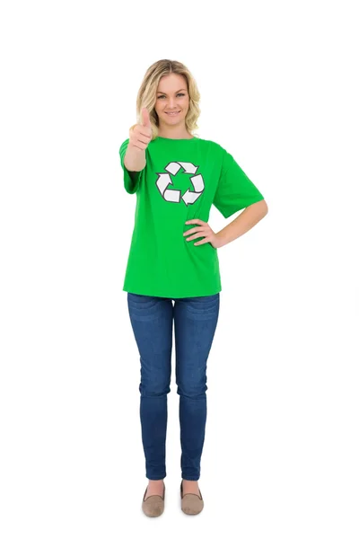 Happy blonde environmental activist giving thumb up to camera — Stock Photo, Image