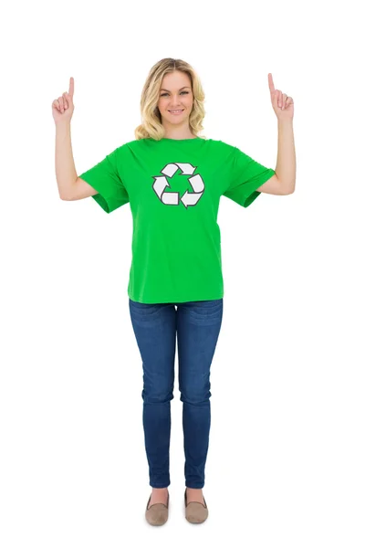 Happy blonde environmental activist pointing up — Stock Photo, Image