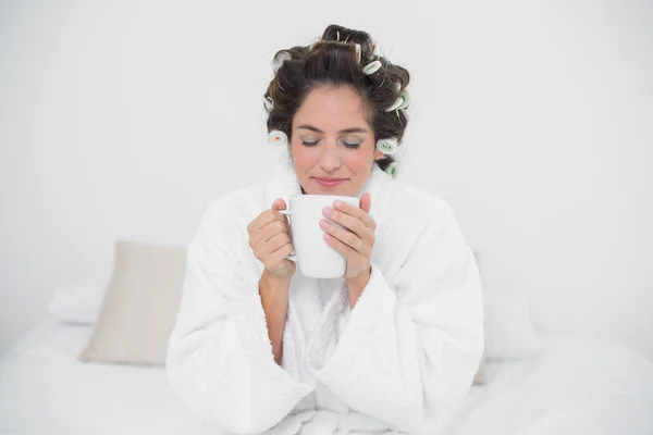 Peaceful natural brunette holding a mug — Stock Photo, Image