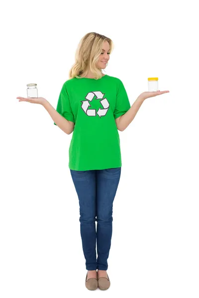 Happy cute environmental activist holding glass jars — Stock Photo, Image