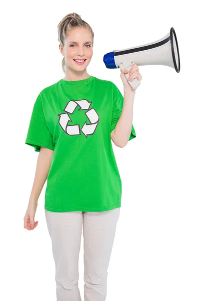 Smiling environmental activist holding megaphone — Stock Photo, Image