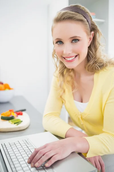 Leende vackra blonda med laptop — Stockfoto