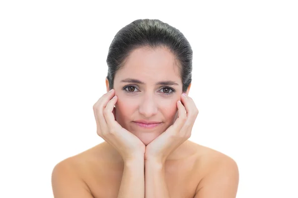 Worried bare brunette looking at camera — Stock Photo, Image