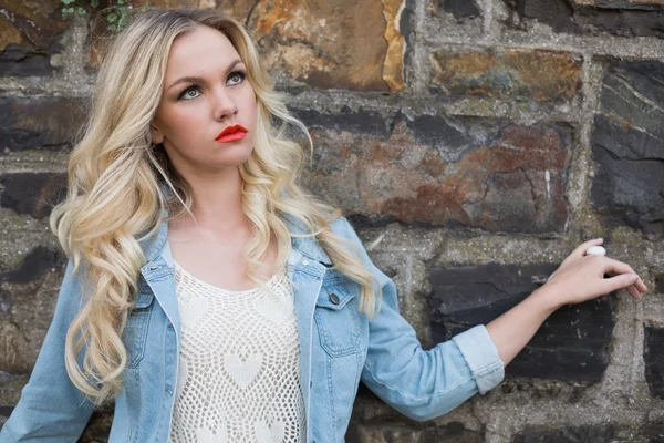 Day dreaming casual blonde wearing denim clothes — Stock Photo, Image