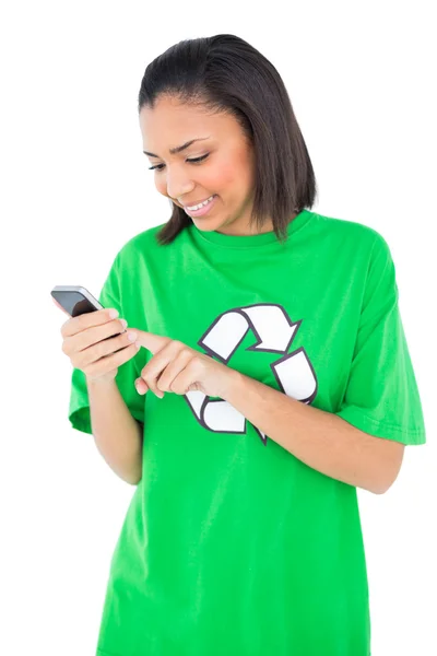 Happy environmental activist using her mobile phone — Stock Photo, Image