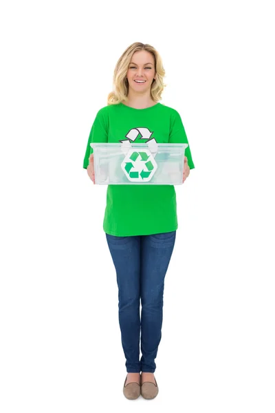 Cheerful pretty environmental activist holding recycling box — Stock Photo, Image