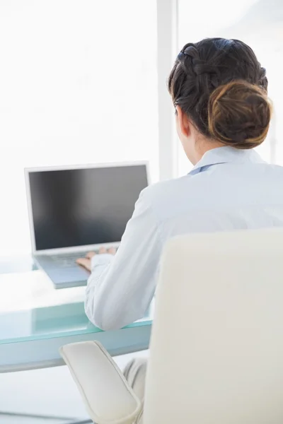 Bakifrån av en snygg brunett affärskvinna som använder en bärbar dator — Stockfoto