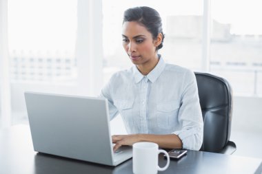 Siyah saçlı işkadını üstünde onu laptop çalışma odaklı