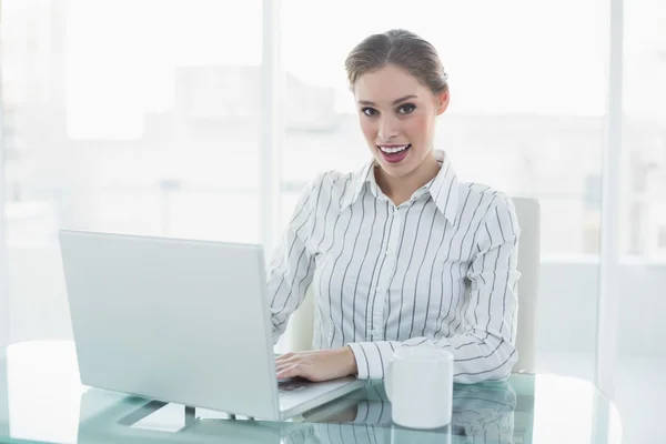 Gleeful lovely chic businesswoman sitting at her desk using her notebook Royalty Free Stock Photos