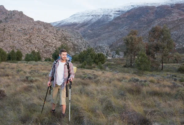 Uomo con zaino e bastoncini da trekking che camminano sul paesaggio — Foto Stock