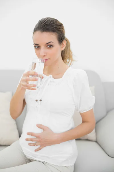 Hermosa mujer embarazada tocando su vientre bebiendo un vaso de agua —  Fotos de Stock