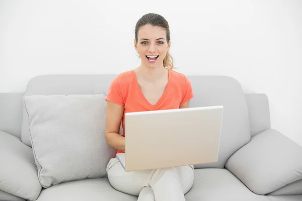 Cute casual woman using her notebook sitting on couch — Stok fotoğraf